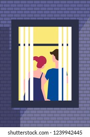 Pareja que pasa la noche en el apartamento, vista de ventana desde el exterior