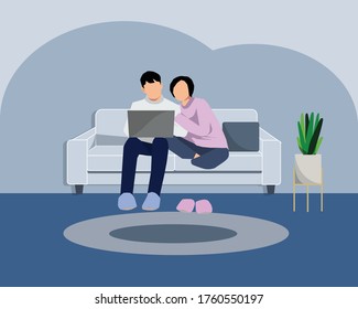 
The couple is spending their free time online In the living room in the house.