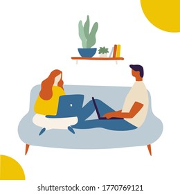 Couple spending time at home. Man and woman sitting on couch with laptop. Relaxing at home, leisure time. Flat vector illustration. 
