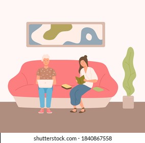 Couple spending time at home sitting on couch vector flat illustration. Woman reading book. Man surfing internet or working use laptop. Pair enjoying weekend at comfy interior