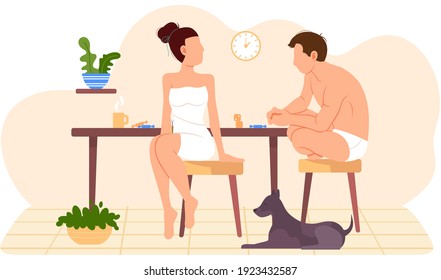 Couple spending time in living room together. Happy family playing board game vector illustration. Woman in white dress looks at her husband. Guy with girl in underwear are playing after bath