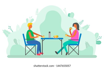 Couple spending time outdoors vector, man and woman eating in park. People camping having lunch sitting by table, characters relaxing on nature flat style. Dating in park