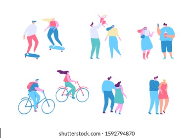 Couple spending time together flat vector set.  Crowd. People Outdoor activities- walking, cycling, skateboarding.