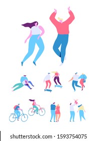 Couple spending time together flat vector set.  Crowd. People Outdoor activities- walking, cycling, skateboarding.