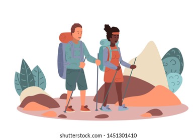 Couple spending time together, hiking, trekking. Family have a vacation travelling together. Summer adventure vacation. Flat vector illustration.