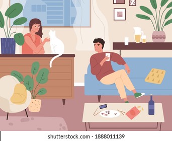 Couple spending time together at home after sushi dinner vector flat illustration. Smiling family relaxing, having date at comfortable apartment. Romantic scene with man and woman