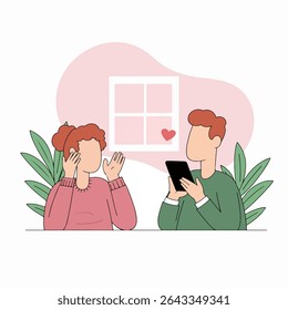 A couple is spending time together at home. One is looking at a mobile phone, while the other is looking away with a surprised expression.
