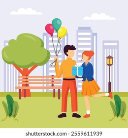 Couple Spending time together at public park concept, Boy and Girl celebrating vector design, special anniversary events card, Cheers to another year banner, indoor Party People scene illustration