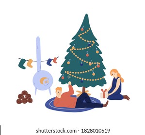 Couple spending time together at Xmas eve vector flat illustration. Woman open gift box near Christmas tree, man lying near wood stove isolated. Pair relax at cozy home during winter season holidays