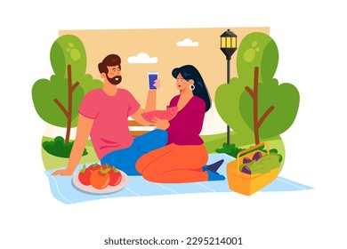 A couple spends the day enjoying the outdoors with a picnic or hike