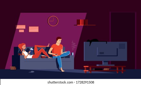 La pareja pasa tiempo en casa en autoaislamiento. El hombre se sienta en el sofá, con las piernas cruzadas, con un control remoto en la mano y mira las noticias en la televisión con una expresión sorpresa en la cara. Recordar a una chica está leyendo un libro
