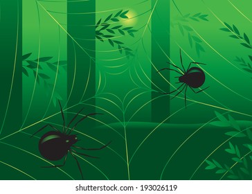 Couple of spiders and a web on a tree with leaves.