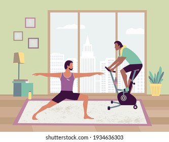 Couple sport activity at home flat vector. Stay home yoga practice bicycle riding cartoon. Breathing exercise workout background. Healthy lifestyle indoors family daily training fitness illustration