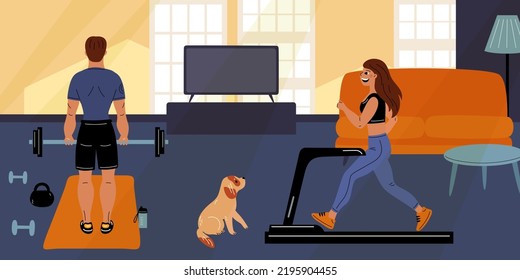Couple sports at home. Family training in living room. Fitness exercises. Girl on treadmill. Guy with barbell. Strength workout and bodybuilding. Healthy lifestyle