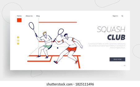 Couple of Sportsmen Playing Squash Landing Page Template. Male Characters Sports Training or Competition or Spare Time, Sport Hobby, People Play Sporty Game on Tennis Court. Linear Vector Illustration