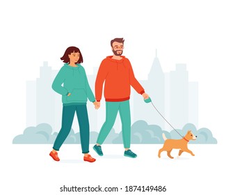 A couple in sporty clothes walks with dog holding hands. Concept of happy young family spend time together in city park. Active weekend, healthy lifestyle. Isolated vector illustrations