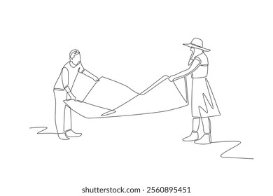 Couple spreading out a rug during a picnic. Picnicking outdoors concept one-line drawing