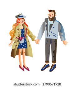Couple in spring clothes. Romantic man holding hand woman isolated persons. Family wear raincoats, lightweight springtime clothing. Change year seasonal concept. Vector character illustration