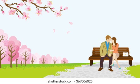 Couple in the spring park which among the cherry trees
