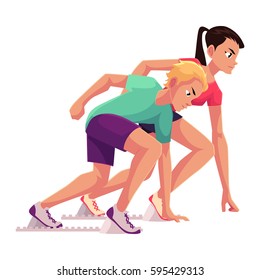 Couple of sprinters ready to start, standing on running blocks, race, competition concept, cartoon vector illustration isolated on white background. Male and female runners at starting point