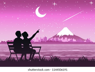 couple stand near Fuji Mountain and look at the star sand meteor and night, silhouette style