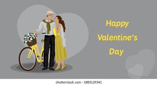 A couple stand next to a Bicycle in a vintage force for Valentine's day. Vector illustration. A girl in yellow clothes and a man in gray, a yellow Bicycle with a basket of flowers.


