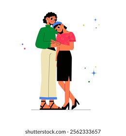 Couple Standing Affectionately In Flat Vector Illustration Symbolizing Love, Bond, And Togetherness, Isolated On White Background