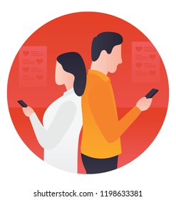 
Couple standing back to back texting on cell phone, jealous possessive 
