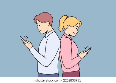 Couple standing back to back texting on cellphones online. Man and woman avoid each other using smartphones cheating on web. Vector illustration. 