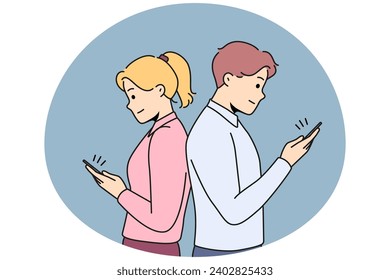 Couple standing back to back texting on cellphones online. Man and woman avoid each other using smartphones cheating on web. Vector illustration.