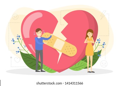 Couple standing at the big red broken heart. Idea of divorce and break up. Angry woman and man trying to fix love. Vector illustration in cartoon style