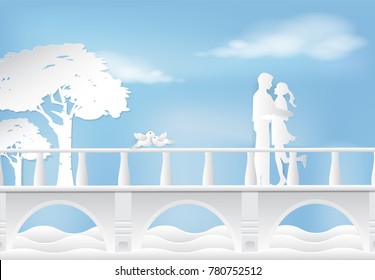 Couple standing and birds on the bridge paper art, Valentine concept paper craft style illustration