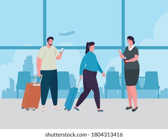 couple standing to check in, order to register for flight, woman and men with baggages waiting for plane departure at airport vector illustration design