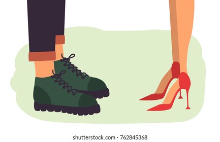 Couple standing close to each other. Cropped image. Fashion shoes. Hand drawn vector illustration.
