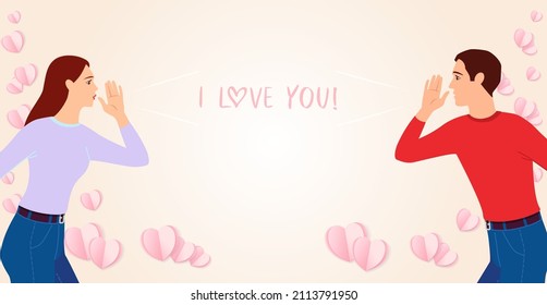 Couple standing far from each other and shouting I love you, social distancing concept. Valentines Day bg 3D paper hearts. Isolated abstract graphic design template. Happy Valentine's Day card.