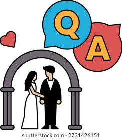 Um casal está de pé em frente a um edifício com um coração no lado esquerdo. O homem está usando um terno e a mulher está usando um vestido. A imagem é uma representação de amor e compromisso