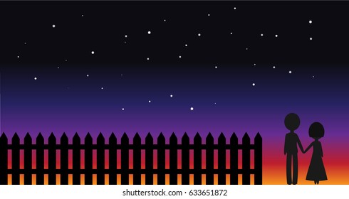 Couple standing in front of sunset sky vector illustration