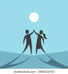 Couple standing and holding hands or dancing. Love, relationship, marriage, romance, passion, dream and bonding concept. Flat design. EPS 8 vector illustration, no transparency, no gradients