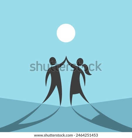 Couple standing and holding hands or dancing. Love, relationship, marriage, romance, passion, dream and bonding concept. Flat design. EPS 8 vector illustration, no transparency, no gradients