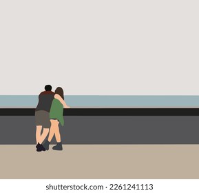 Couple standing and hugging on the shore of the lake and looking into the distance outdoors on a sunny day. Valentine's day