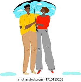 Couple standing and hugging under big umbrella and enjoying rainy weather