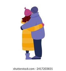 A couple standing hugging in warm clothes. Side view. Vector isolated color illustration in flat style.