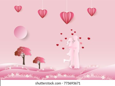 Couple standing in meadow on pink background, paper art, paper craft style illustration