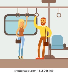 Couple Standing In The Metro Train Car, Part Of People Taking Different Transport Types Series Of Cartoon Scenes With Happy Travelers