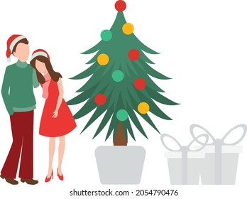 A couple standing near christmas tree and presents on christmas.