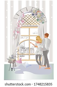 Couple standing near the window hugging at home. Daily life scenes indoor. Flat hand drawn vector illustration.