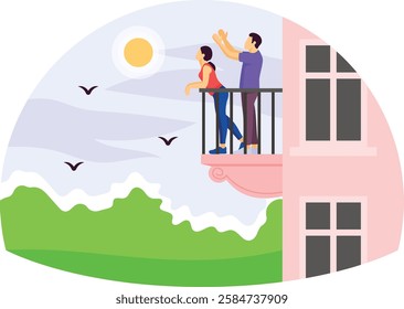 couple standing on a balcony overlooking beautiful landscape concept, husband wife Sharing Golden Hour vector design, Love romance banner, Valentines Day Scene, human relationship stock illustration