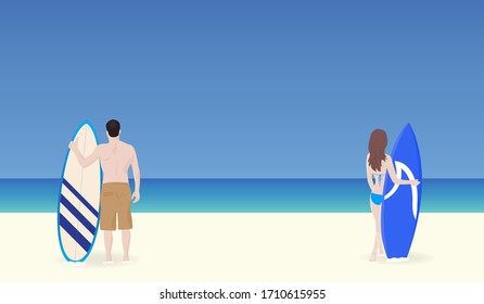 Couple standing on beach and keep social distance to prevent COVID-19 virus illustration vector