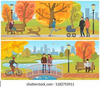 Couple standing on bridge autumn park set vector. Trees and foliage, man riding bicycle, old pensioner reading newspaper on bench and lady talking