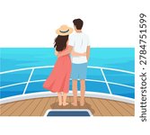 Couple standing on a cruise ship deck looking at the blue ocean in a flat